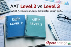 AAT Level 2 vs Level 3 comparison image showing accounting textbooks, calculator and study materials with Sepera College logo