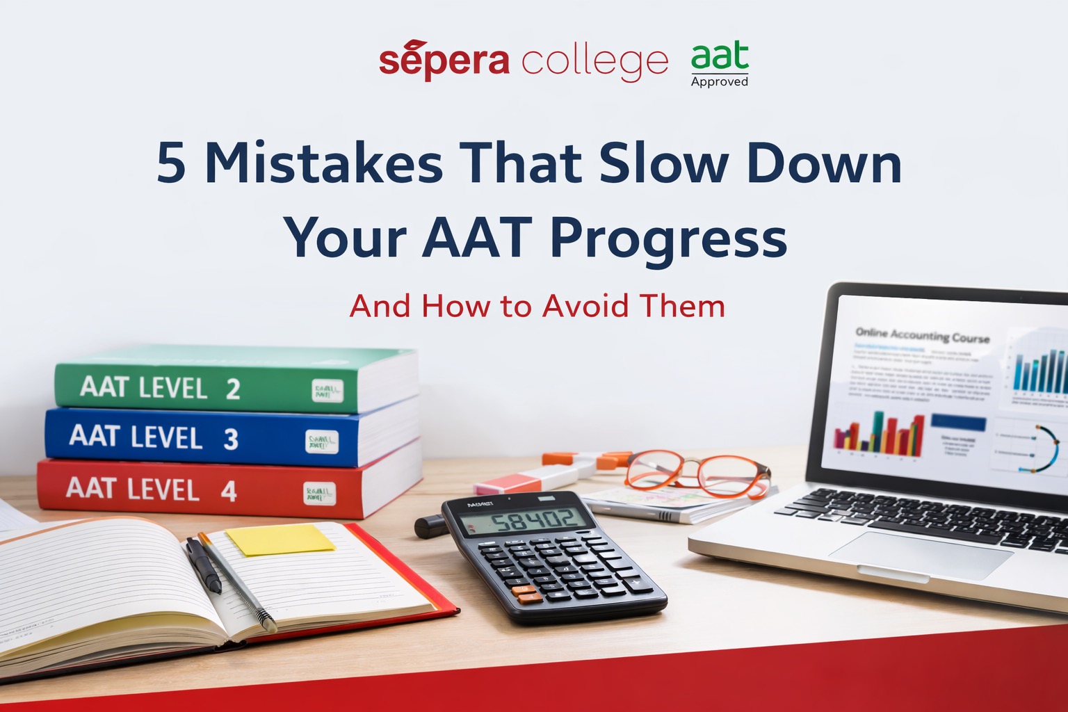 AAT study mistakes blog header showing accounting textbooks, calculator and laptop with Sepera College AAT Approved logo