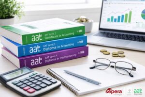 AAT course costs 2026 study desk with accounting textbooks calculator laptop financial charts Sepera College AAT Approved logo