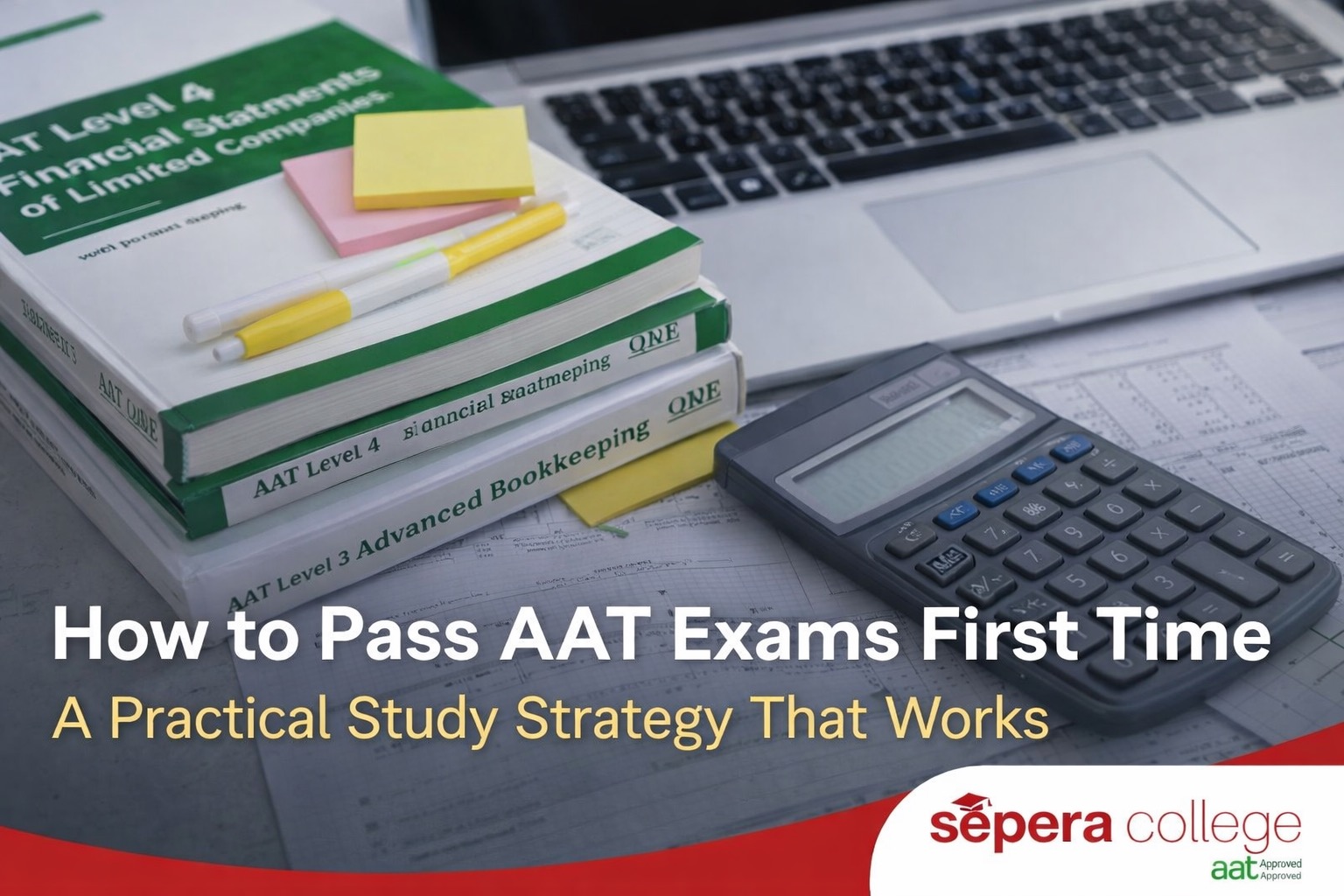 Accounting textbooks, calculator and laptop with Sepera College AAT Approved logo – guide to pass AAT exams first time