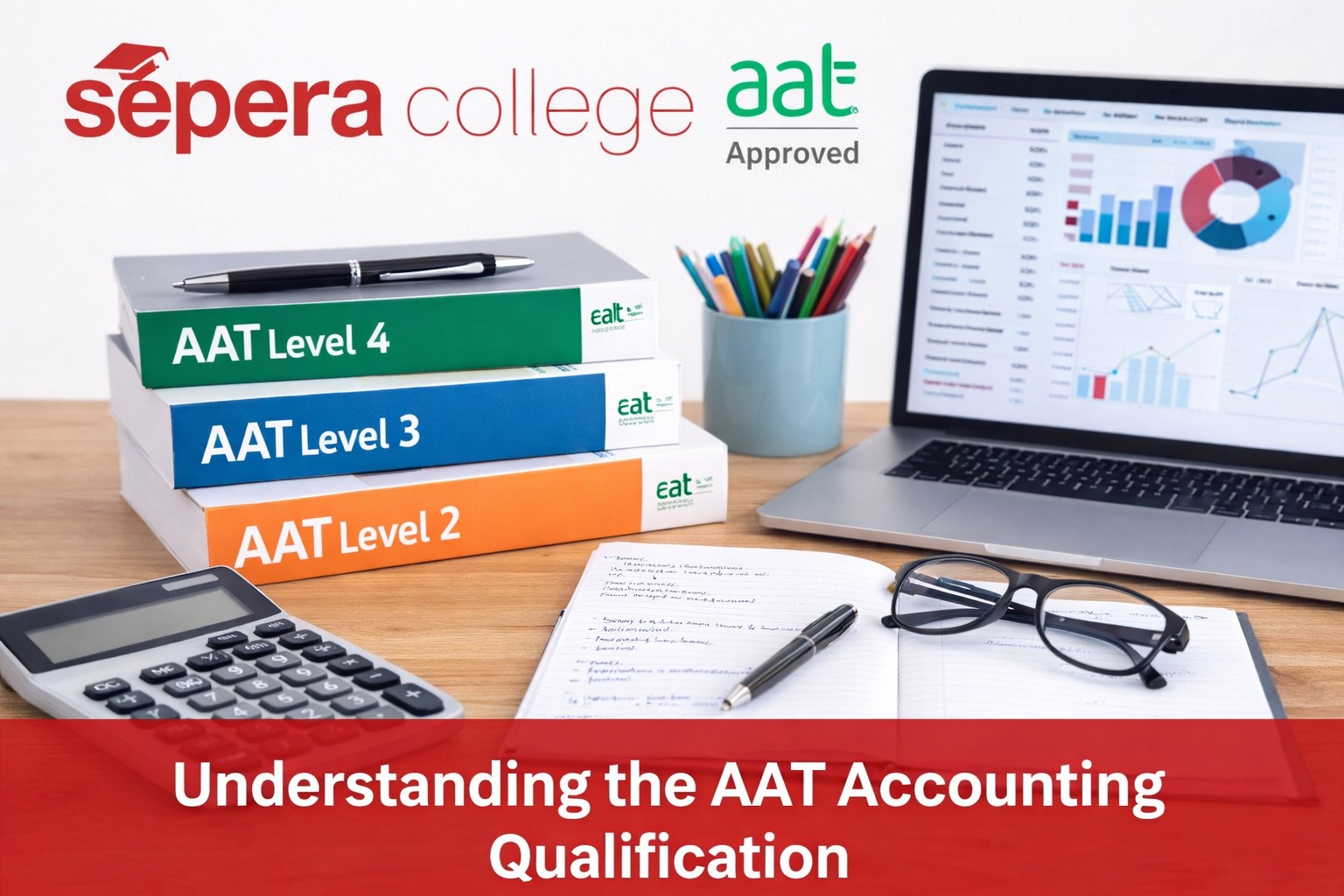 Student study desk with AAT Level 2, Level 3 and Level 4 textbooks, calculator, notebook and laptop showing financial charts, with Sepera College and AAT Approved logos – guide to the AAT accounting qualification.