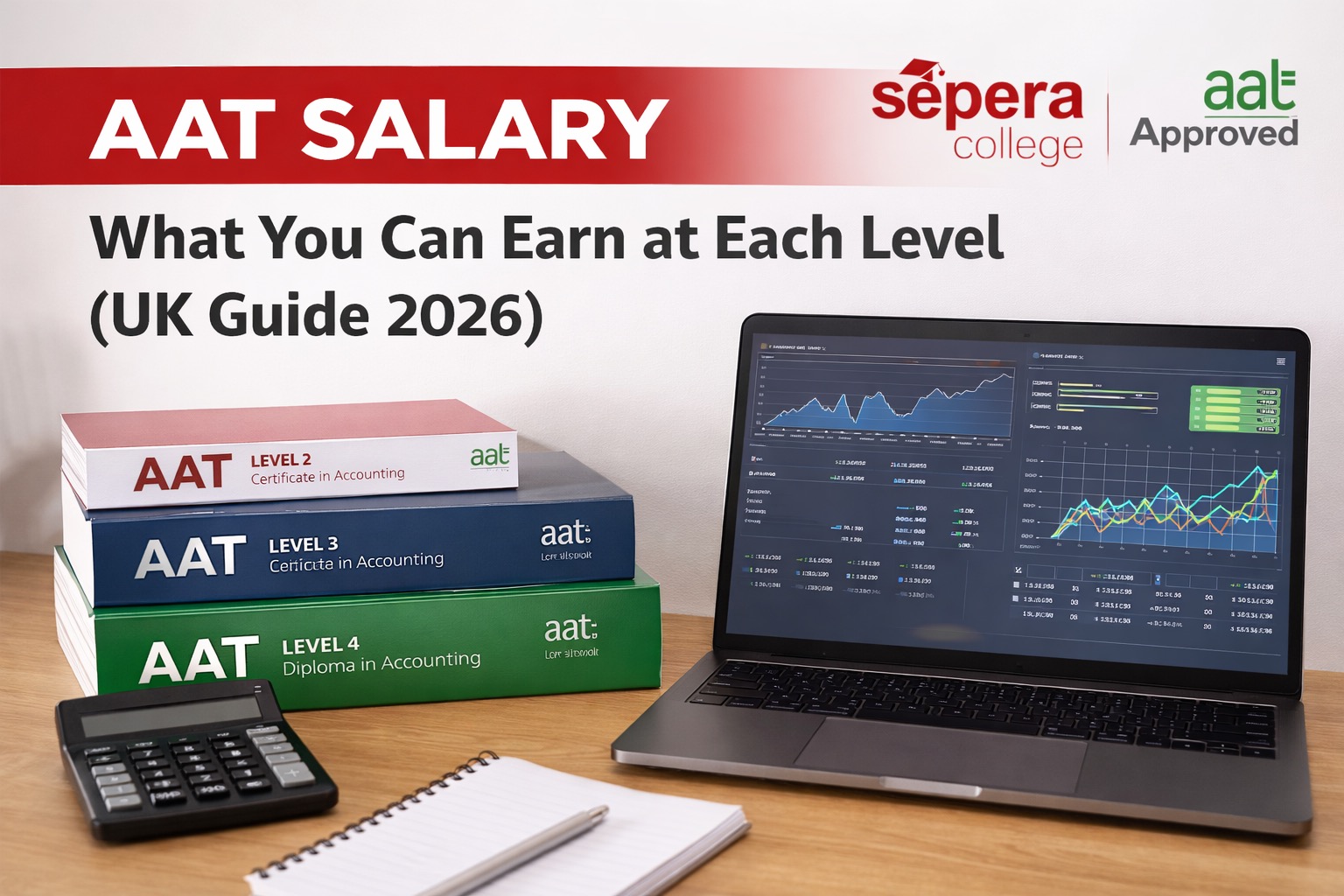 AAT salary UK guide showing accounting textbooks, calculator and laptop with financial charts and Sepera College AAT Approved logo