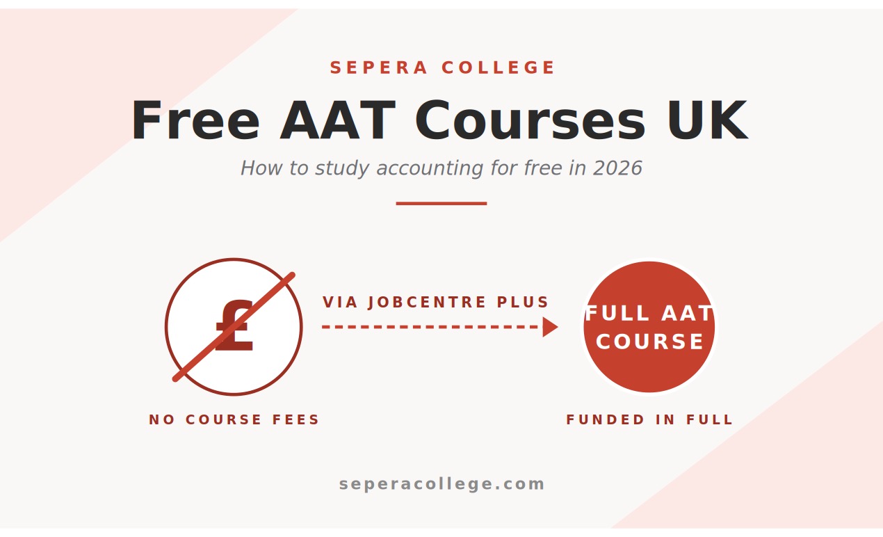 Free AAT courses UK 2026 hero image showing jobseeker preparing for AAT bookkeeping course funded through Jobcentre Plus at Sepera College
