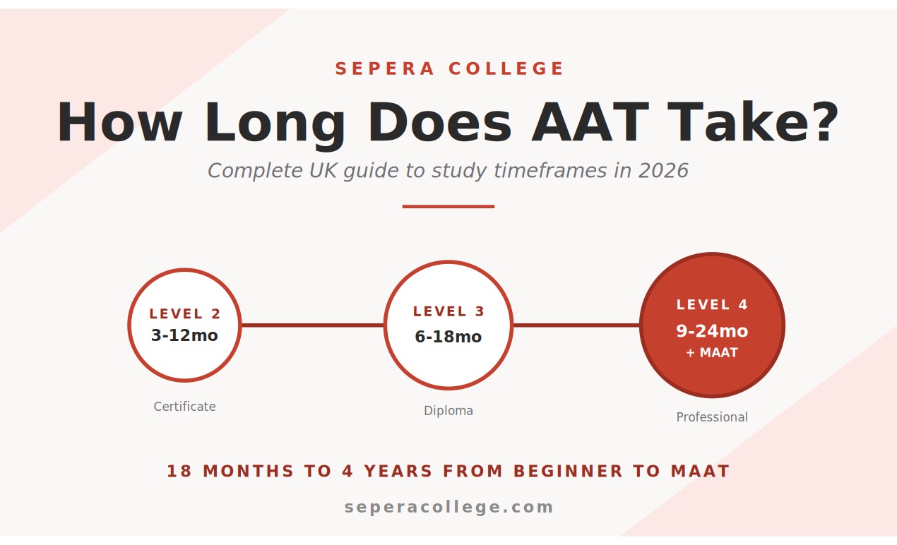How long does AAT take 2026 hero image showing three-level timeline from AAT Level 2 through Level 4 to MAAT membership in Sepera College branding