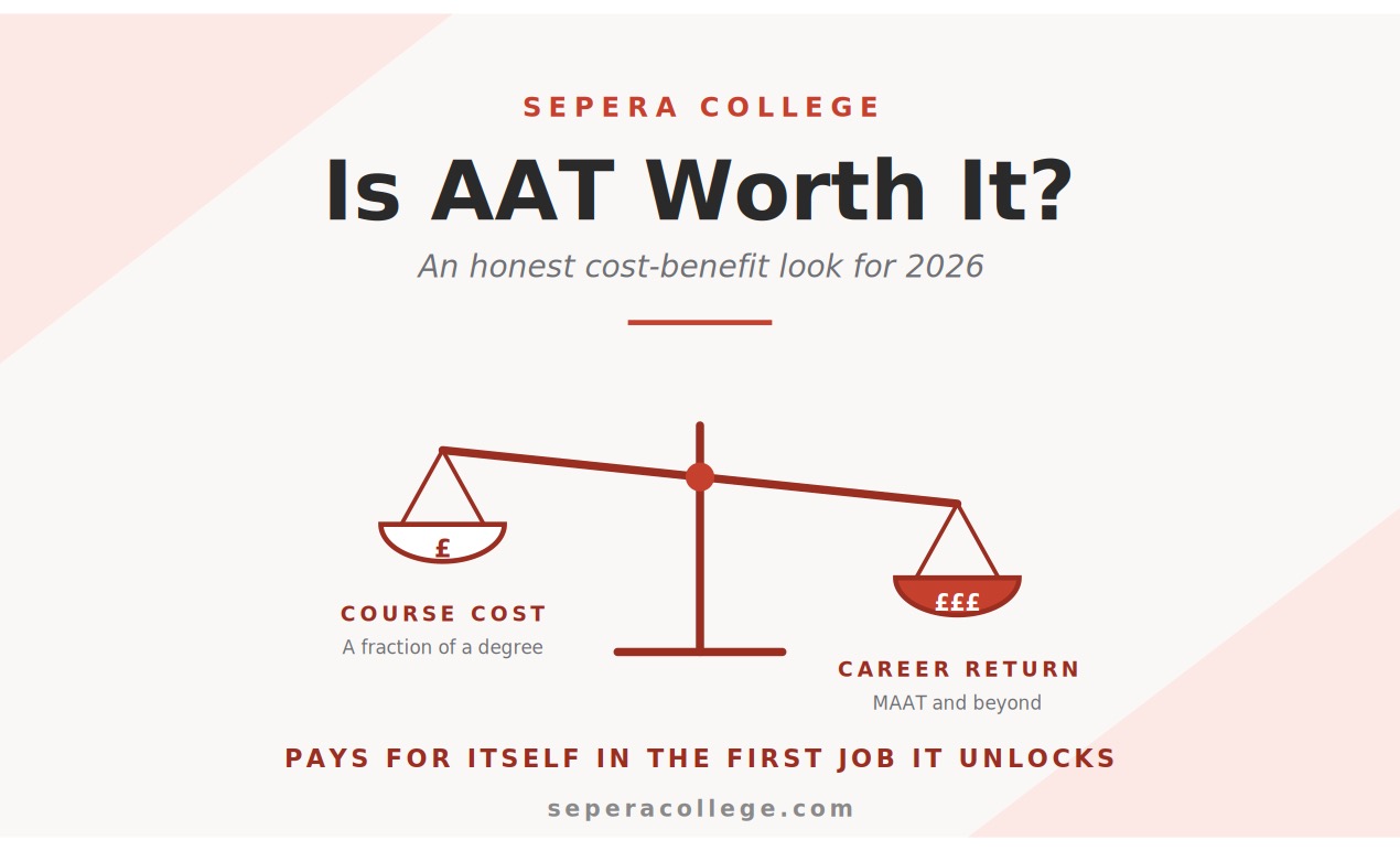Is AAT worth it 2026 hero image showing cost versus career return balance scales in Sepera College red branding