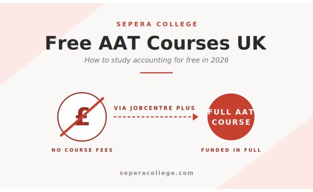 Free AAT courses UK 2026 hero image showing jobseeker preparing for AAT bookkeeping course funded through Jobcentre Plus at Sepera College