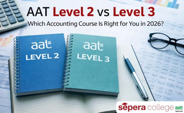 AAT Level 2 vs Level 3 comparison image showing accounting textbooks, calculator and study materials with Sepera College logo