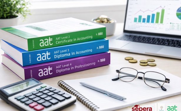 AAT course costs 2026 study desk with accounting textbooks calculator laptop financial charts Sepera College AAT Approved logo
