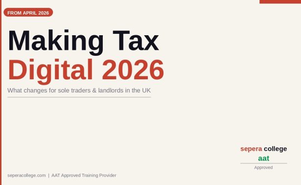 Sepera College blog header reading "Making Tax Digital 2026: what changes for sole traders and landlords in the UK", with a "From April 2026" badge and the Sepera College AAT Approved logo.