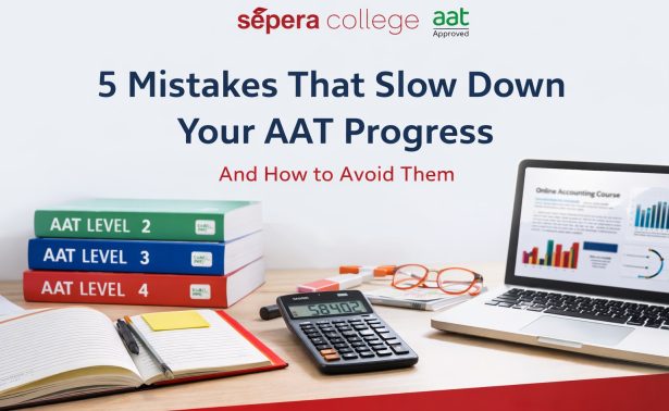 AAT study mistakes blog header showing accounting textbooks, calculator and laptop with Sepera College AAT Approved logo