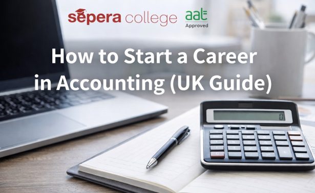 career in accounting UK study setup with laptop calculator and notes