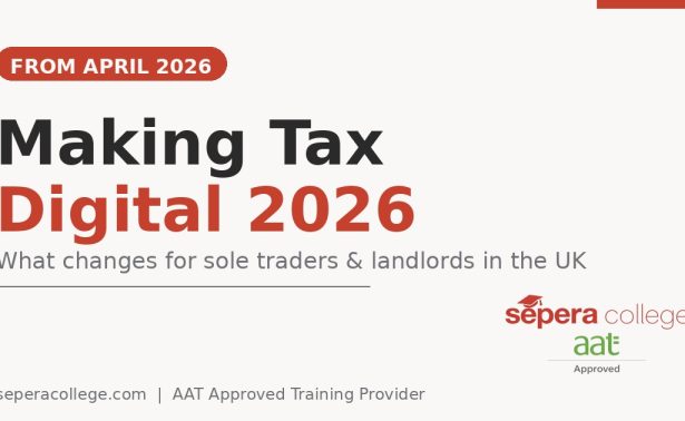 Sepera College blog header reading "Making Tax Digital 2026: what changes for sole traders and landlords in the UK", with a "From April 2026" badge and the Sepera College AAT Approved logo.