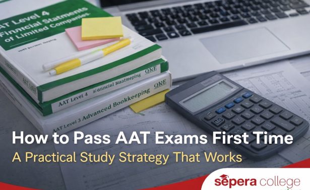 Accounting textbooks, calculator and laptop with Sepera College AAT Approved logo – guide to pass AAT exams first time