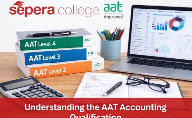 Student study desk with AAT Level 2, Level 3 and Level 4 textbooks, calculator, notebook and laptop showing financial charts, with Sepera College and AAT Approved logos – guide to the AAT accounting qualification.