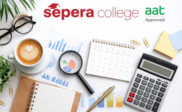 AAT qualification timeline illustration showing accounting study materials with Sepera College AAT Approved logo