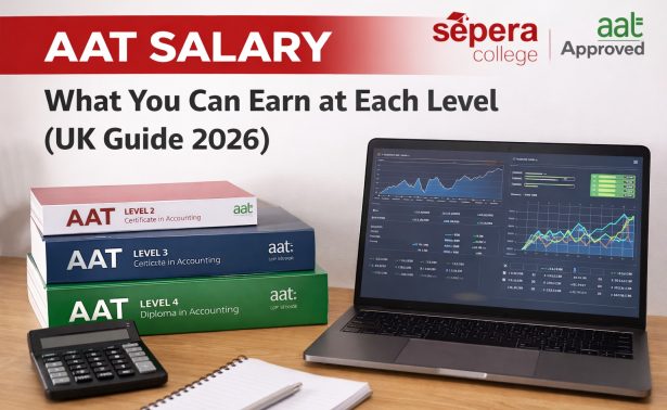 AAT salary UK guide showing accounting textbooks, calculator and laptop with financial charts and Sepera College AAT Approved logo