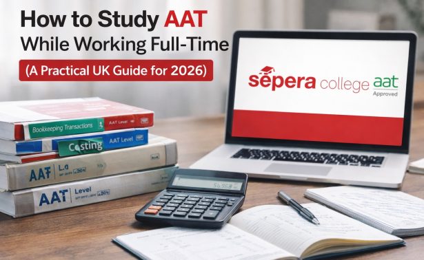 Student workspace with AAT textbooks, calculator and laptop – guide to study AAT while working full time with Sepera College