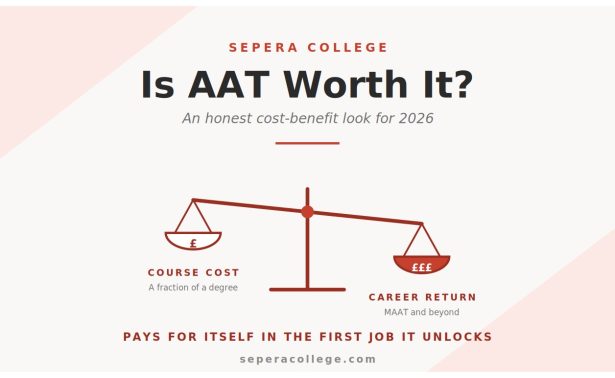 Is AAT worth it 2026 hero image showing cost versus career return balance scales in Sepera College red branding