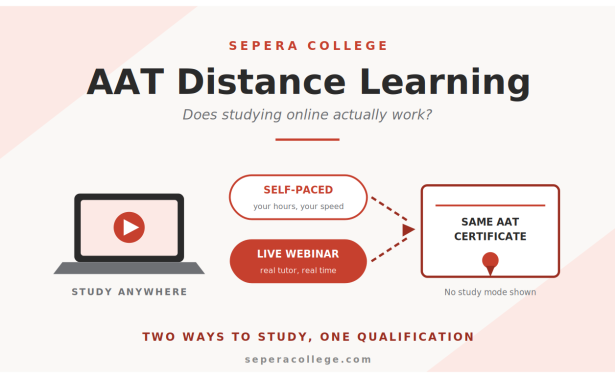 AAT distance learning 2026 hero image showing laptop with self-paced and live webinar study routes leading to the same AAT certificate in Sepera College red branding